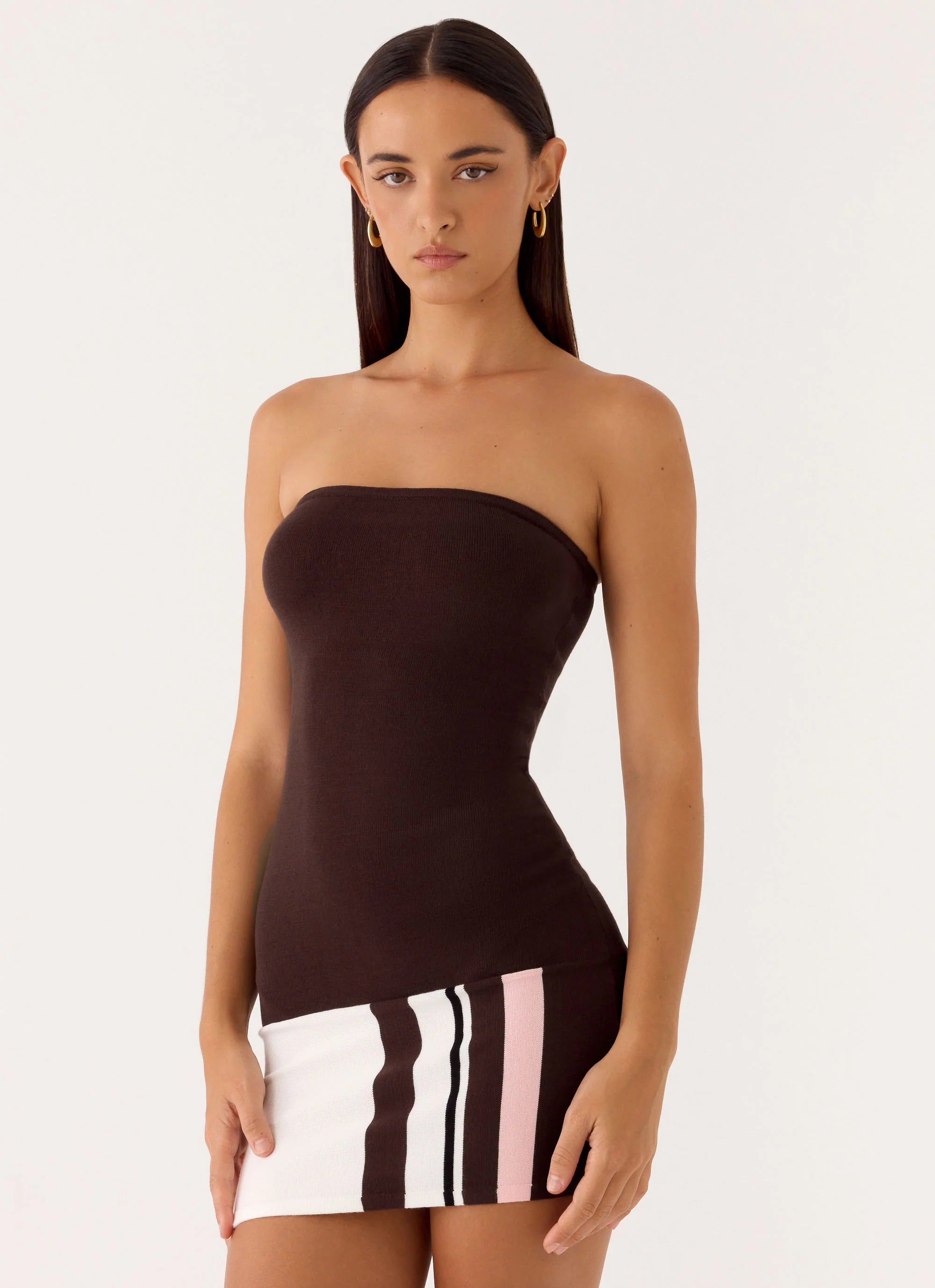 Straight Lines Knit Mini Dress - Chocolate